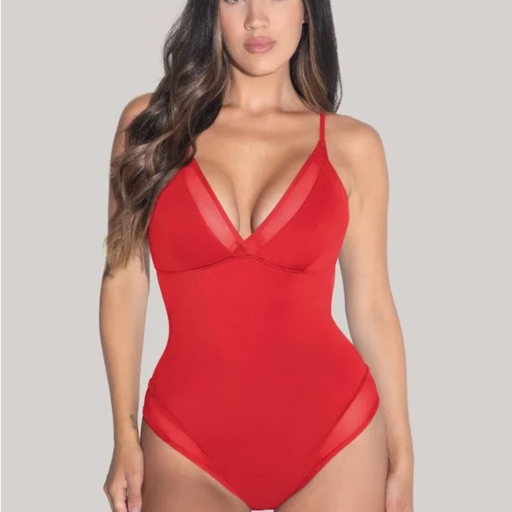 Red V-Neck Bodysuit